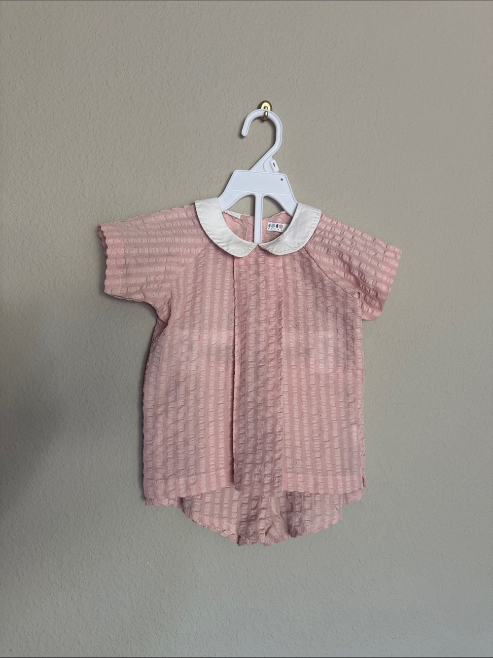 Baby Pink Textured Romper with White Peter Pan Collar
